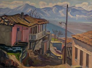 Gkoura, Little Street, Pink House, Mountain Background — Oil painting, Canvas, 46.00×61.00cm — Theodoros Markellos
